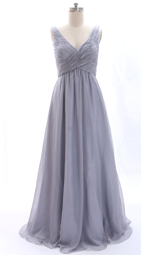 MACloth Straps V neck Chiffon Silver Long Bridesmaid Dress Wedding Party Formal Gown