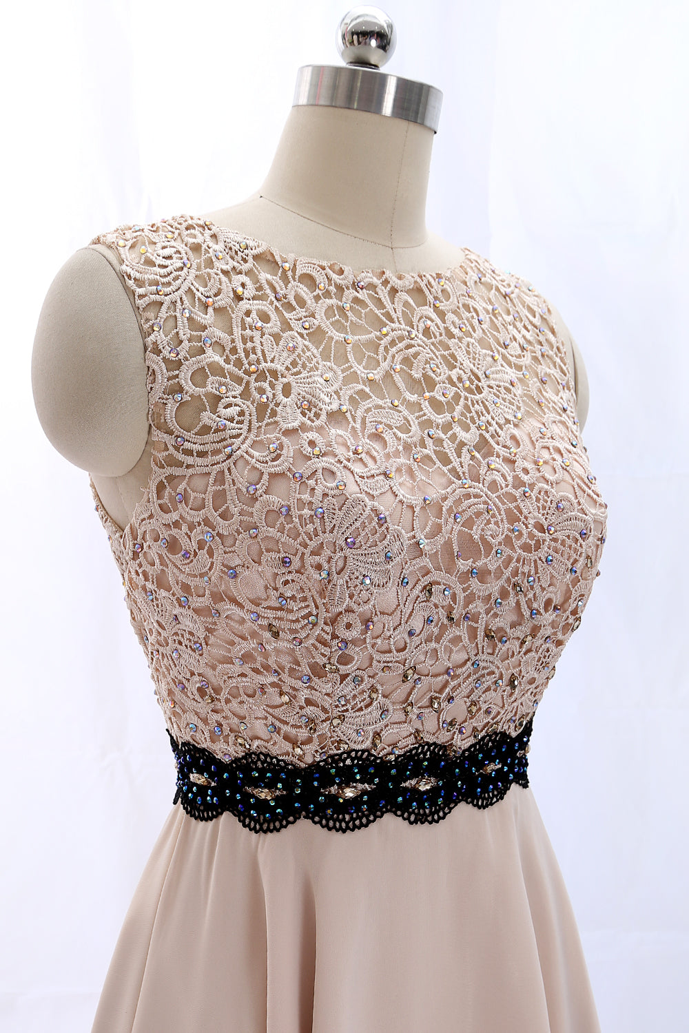 MACloth Träger O-Ausschnitt Spitze Chiffon Vintage Hochzeitsfeierkleid Cocktailkleid Abendkleid