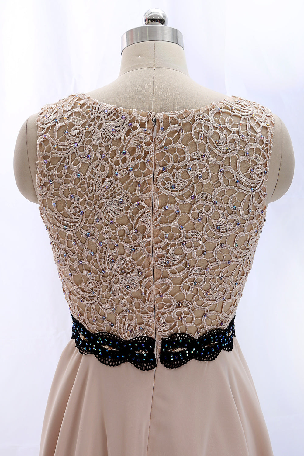 MACloth Träger O-Ausschnitt Spitze Chiffon Vintage Hochzeitsfeierkleid Cocktailkleid Abendkleid