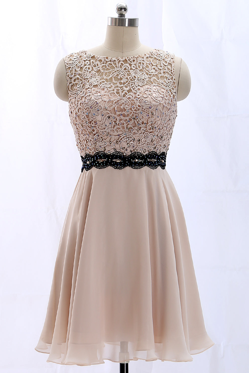 MACloth Träger O-Ausschnitt Spitze Chiffon Vintage Hochzeitsfeierkleid Cocktailkleid Abendkleid