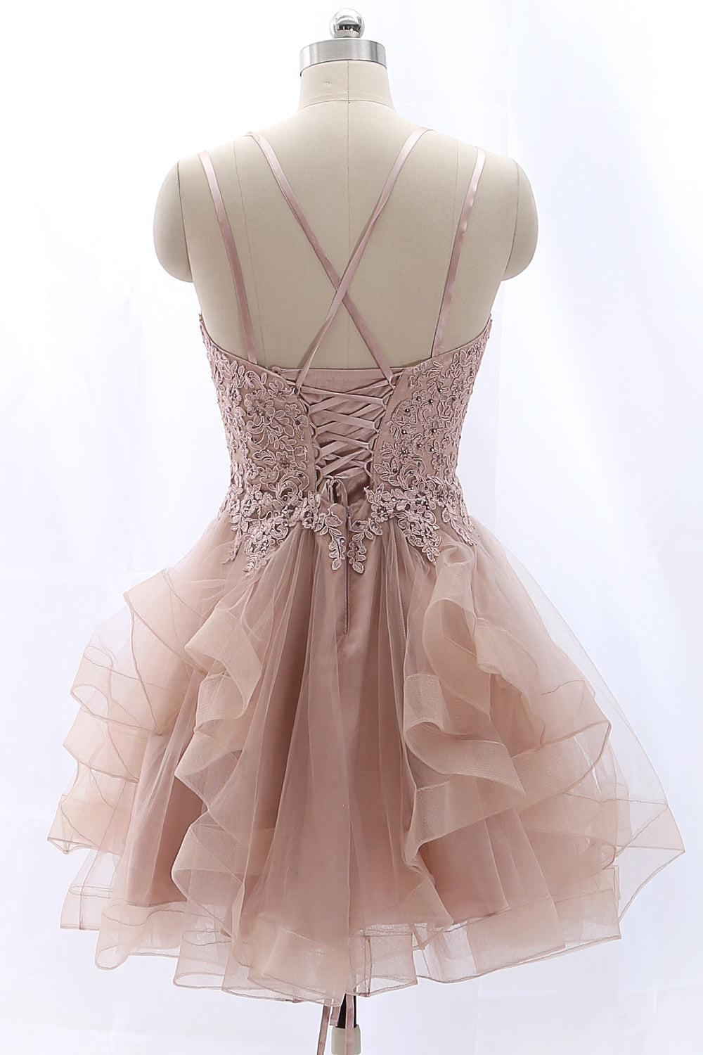 MACloth Spaghetti Straps Lace Tulle Mini Prom Homecoming Dress Vintage Party Formal Gown Dusty Pink / Above Knee / US16 MACloth Spaghetti Straps Lace Tulle Mini Prom Homecoming Dress Vintage Party Formal Gown Dusty Pink / Above Knee / US16