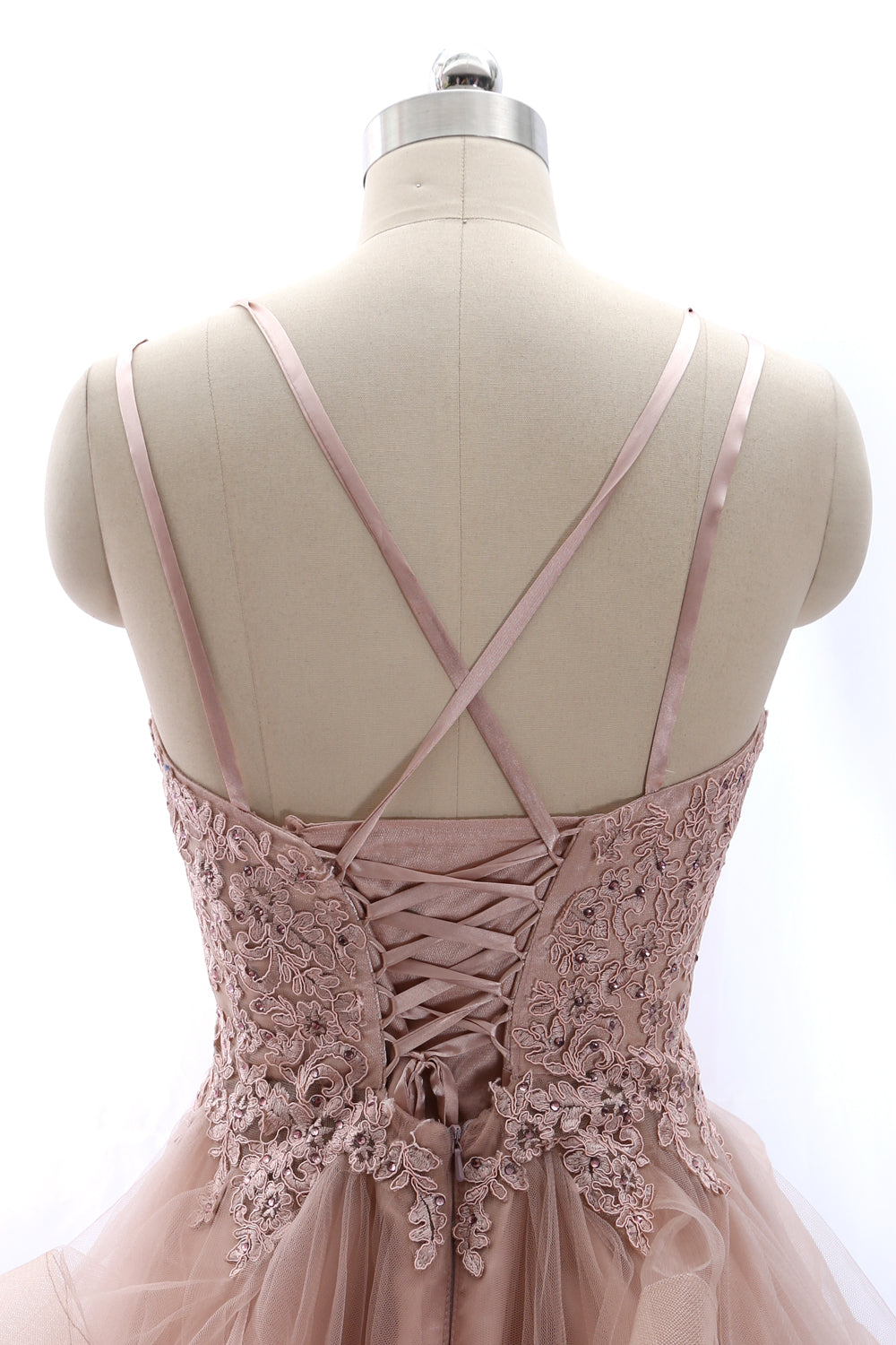 MACloth Spaghetti Straps Lace Tulle Mini Prom Homecoming Dress Vintage Party Formal Gown