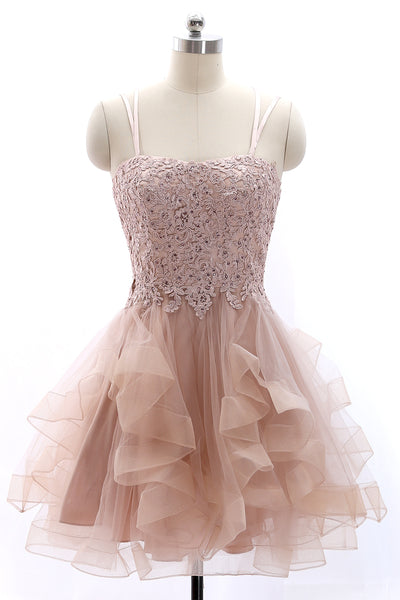MACloth Spaghetti Straps Lace Tulle Mini Prom Homecoming Dress Vintage Party Formal Gown