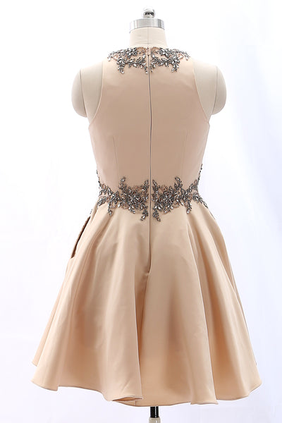 MACloth Straps O Neck Satin Mini Prom Homecoming Dress Champagne Formal Party Dress