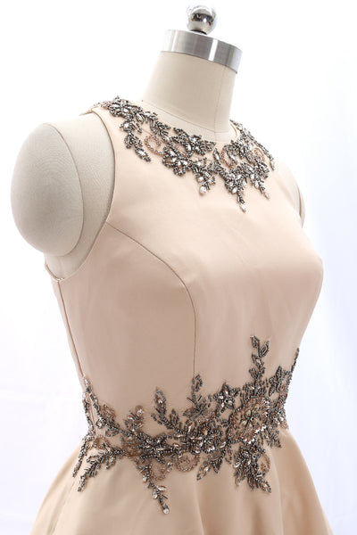 MACloth Straps O Neck Satin Mini Prom Homecoming Dress Champagne Formal Party Dress