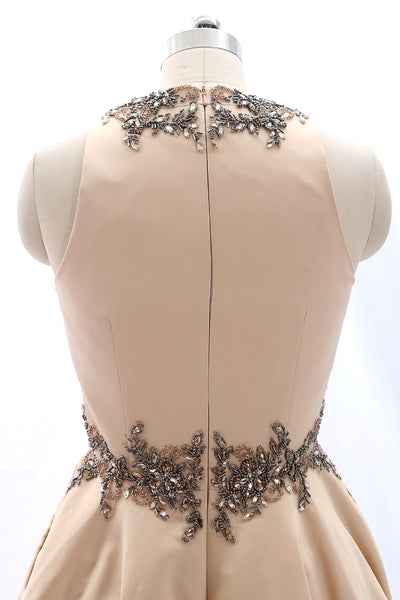 MACloth Straps O Neck Satin Mini Prom Homecoming Dress Champagne Formal Party Dress