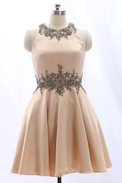 MACloth Straps O Neck Satin Mini Prom Homecoming Dress Champagne Formal Party Dress