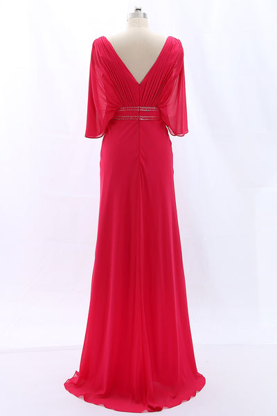 MACloth Short Sleeves V Neck Chiffon Fuchsia Long Formal Evening Gown Mother of the Brides Dress