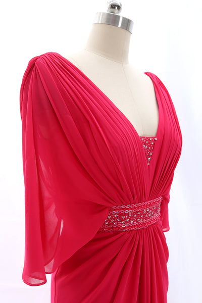 MACloth Short Sleeves V Neck Chiffon Fuchsia Long Formal Evening Gown Mother of the Brides Dress