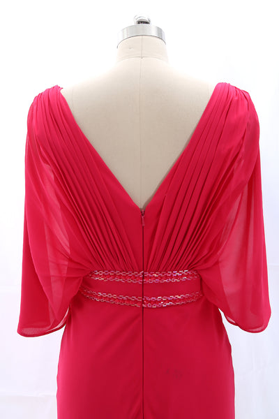 MACloth Short Sleeves V Neck Chiffon Fuchsia Long Formal Evening Gown Mother of the Brides Dress