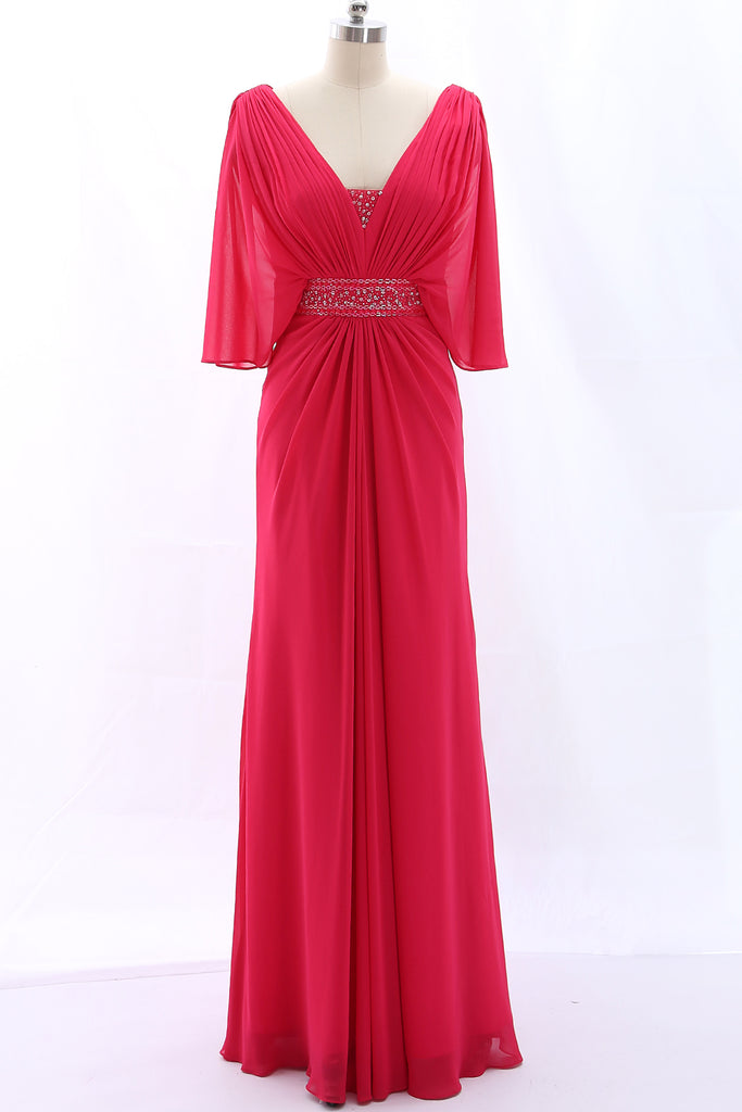 MACloth Short Sleeves V Neck Chiffon Fuchsia Long Formal Evening Gown Mother of the Brides Dress