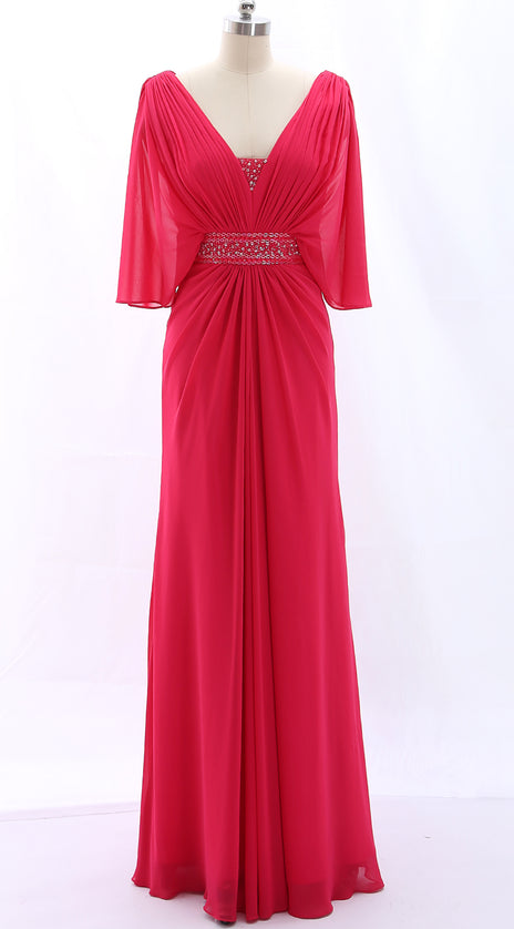 MACloth Short Sleeves V Neck Chiffon Fuchsia Long Formal Evening Gown Mother of the Brides Dress