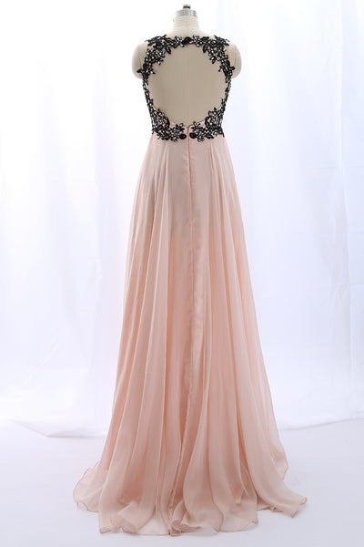 MACloth Lace Chiffon Pearl Pink Long Prom Dress with Open Back