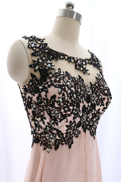 MACloth Lace Chiffon Pearl Pink Long Prom Dress with Open Back