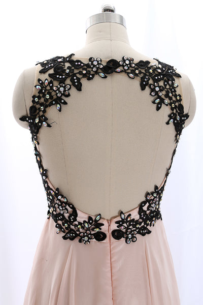 MACloth Lace Chiffon Pearl Pink Long Prom Dress with Open Back