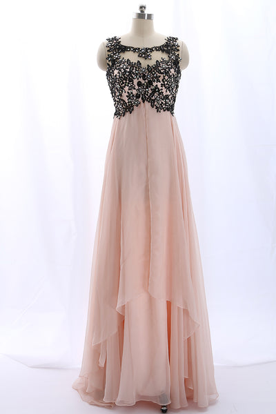MACloth Lace Chiffon Pearl Pink Long Prom Dress with Open Back