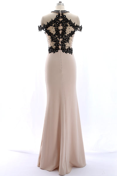 MACloth High Neck Lace Jersey Champagne Mermaid Prom Dress Formal Evening Gown
