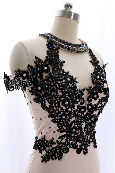 MACloth High Neck Lace Jersey Champagne Mermaid Prom Dress Formal Evening Gown