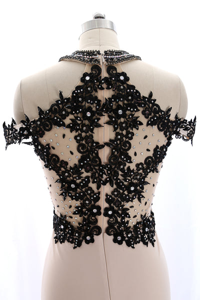 MACloth High Neck Lace Jersey Champagne Mermaid Prom Dress Formal Evening Gown
