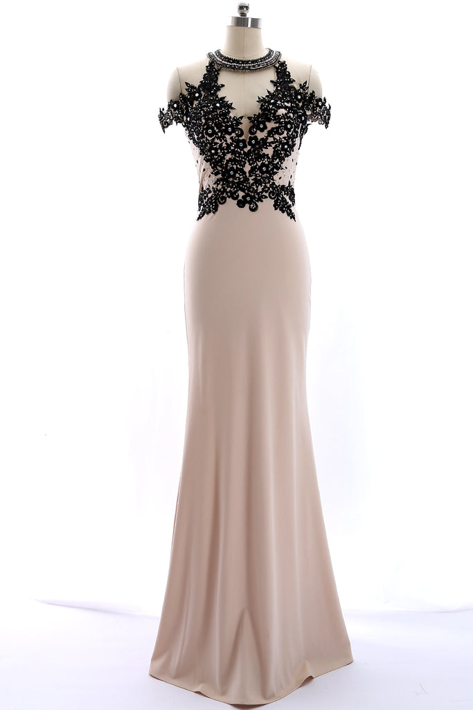 MACloth High Neck Lace Jersey Champagne Mermaid Prom Dress Formal Evening Gown
