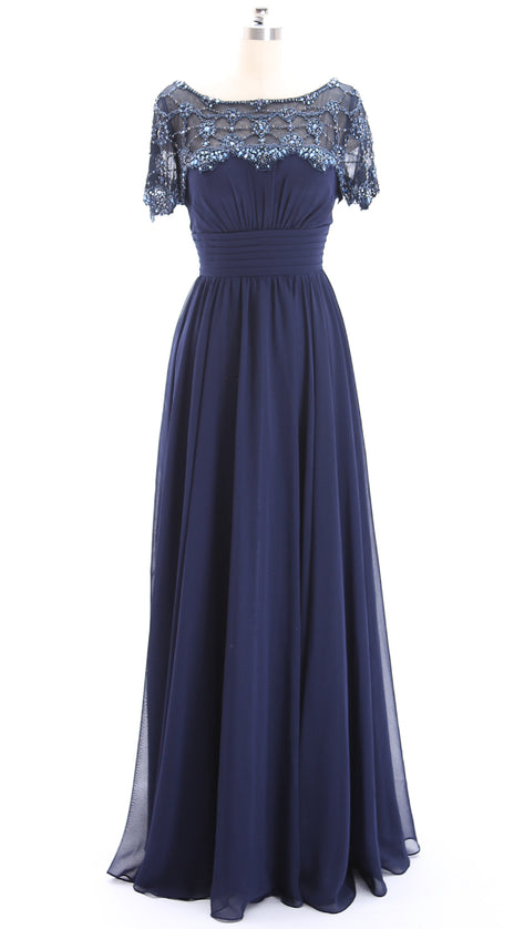 MACloth Short Sleeves Beaded Dark Navy Formal Evening Gown Mother of the Brides Gown