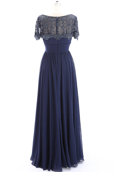 MACloth Short Sleeves Beaded Dark Navy Formal Evening Gown Mother of the Brides Gown