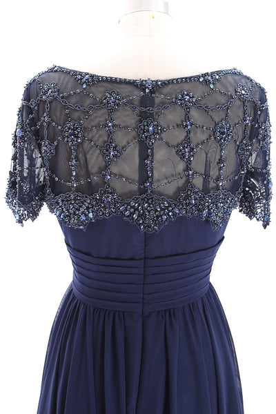 MACloth Short Sleeves Beaded Dark Navy Formal Evening Gown Mother of the Brides Gown