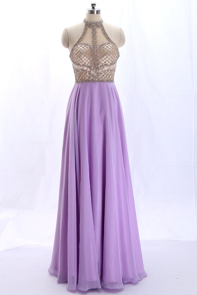 MACloth Halter high neck Beaded Chiffon Lavender Long Prom Dress Formal Gown