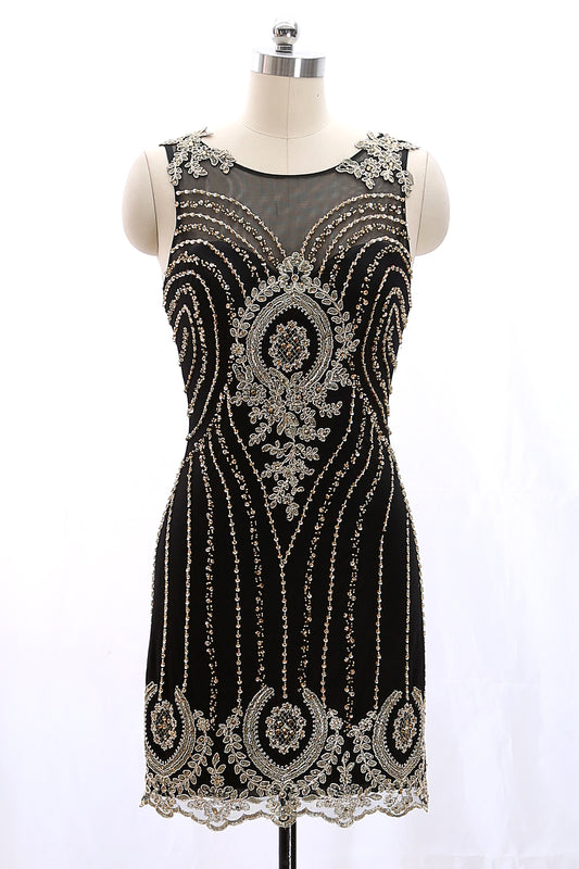 MACloth Straps Scoop Neck Gold Lace Black Mini Prom Homecoming Dress Cocktail Dress