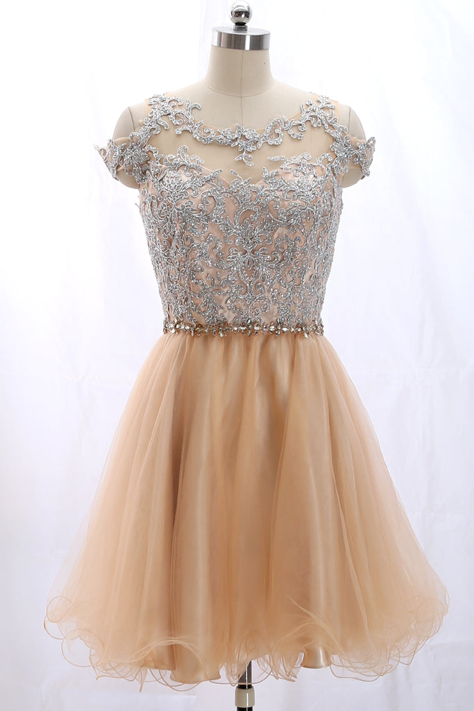 MACloth Off the Shoulder Lace Tulle Champagne Prom Homecoming Dress Cocktail Dress