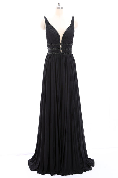 MACloth Straps Deep V Neck Jersey Long Prom Dress Black Formal Evening Gown