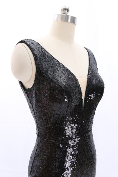 MACloth Straps V Neck Sheath Sequin Mini Party Dress Little Black Dress