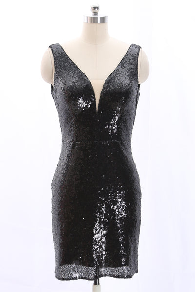 MACloth Straps V Neck Sheath Sequin Mini Party Dress Little Black Dress