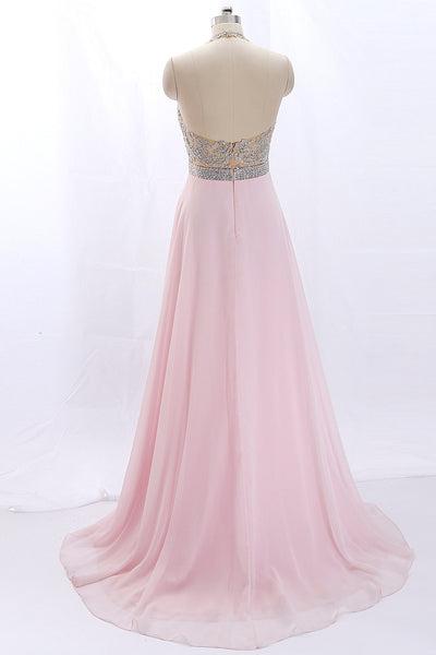 MACloth Halter V Neck Lace Chiffon Pink Prom / Pageant Dress with Slit