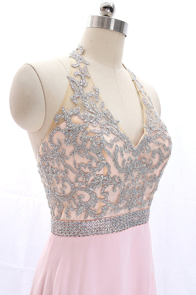 MACloth Halter V Neck Lace Chiffon Pink Prom / Pageant Dress with Slit