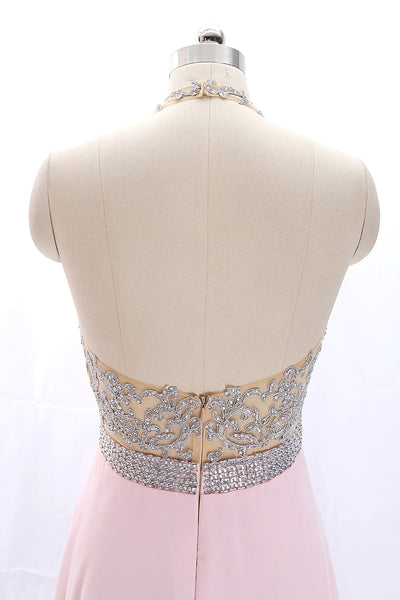 MACloth Halter V Neck Lace Chiffon Pink Prom / Pageant Dress with Slit
