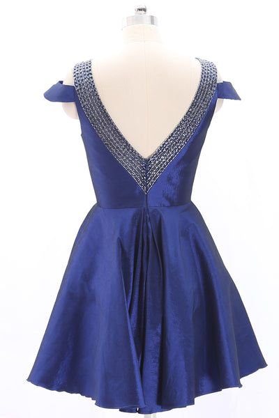 MACloth V Neck Beaded Short Royal Blue Mini Prom Homecoming Dress Cocktail Dress
