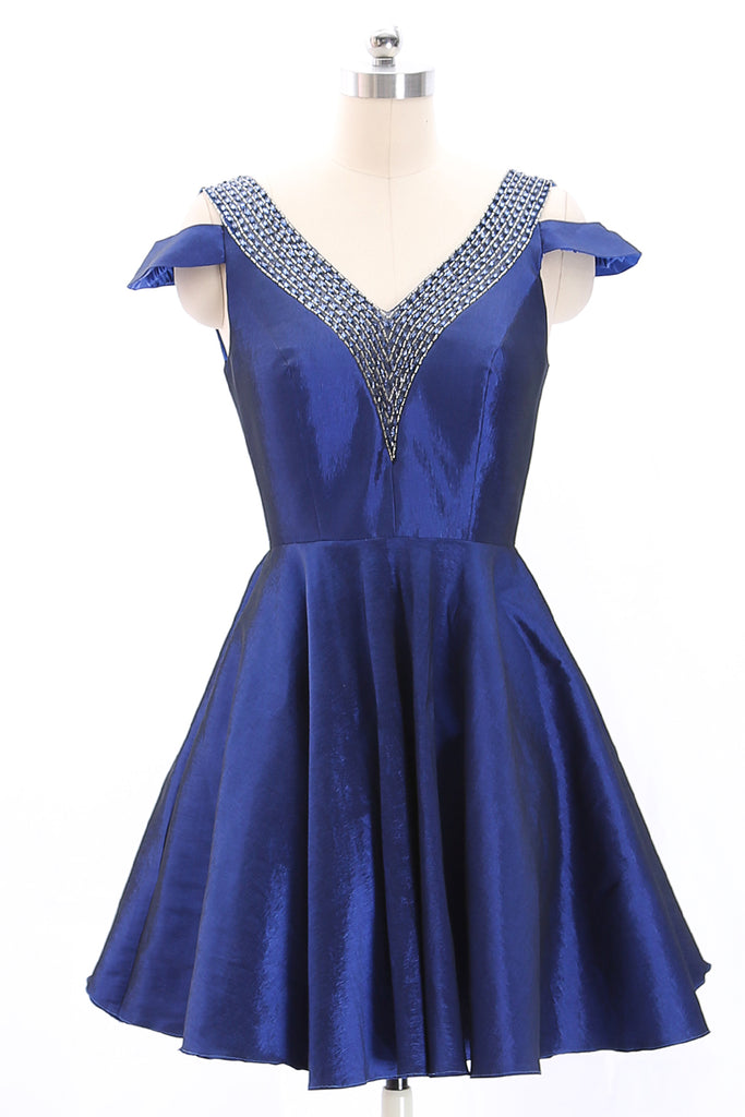 MACloth V Neck Beaded Short Royal Blue Mini Prom Homecoming Dress Cocktail Dress