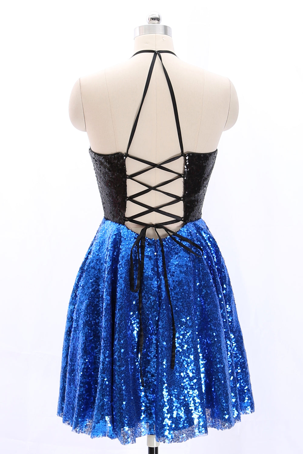 Macloth Halter V Neck Sequin Mini Prom Homecoming Dress Party Dress Black/Royal Blue / Above Knee / US4 Macloth Halter V Neck Sequin Mini Prom Homecoming Dress Party Dress Black/Royal Blue / Above Knee / US4