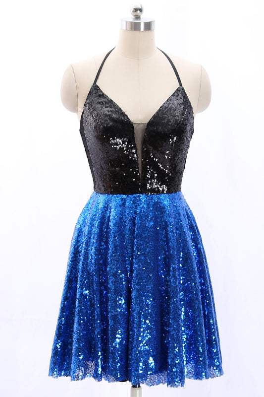 MACloth Neckholder V-Ausschnitt Pailletten Mini Ballkleid Homecoming Kleid Partykleid