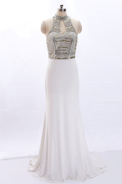 MACloth Sheath High Neck Beaded Long Ivory Prom Dress Formal Evening Gown