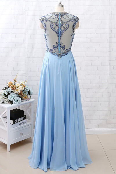 MACloth Cap Sleeves Beaded Crystals Long Sky Blue Chiffon Prom Dress Pageant Gown