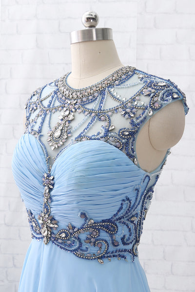 MACloth Cap Sleeves Beaded Crystals Long Sky Blue Chiffon Prom Dress Pageant Gown