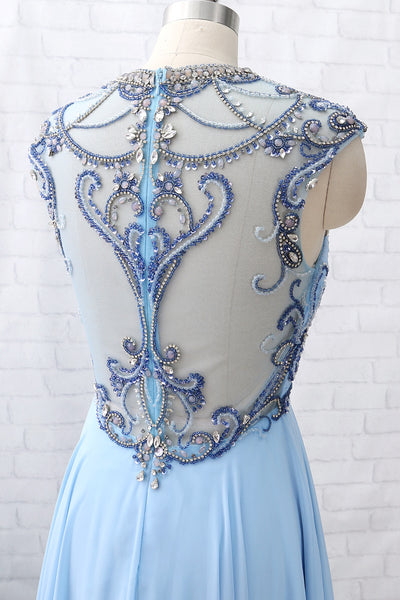 MACloth Cap Sleeves Beaded Crystals Long Sky Blue Chiffon Prom Dress Pageant Gown