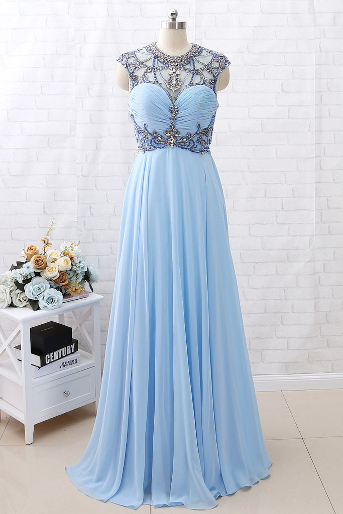 MACloth Cap Sleeves Beaded Crystals Long Sky Blue Chiffon Prom Dress Pageant Gown