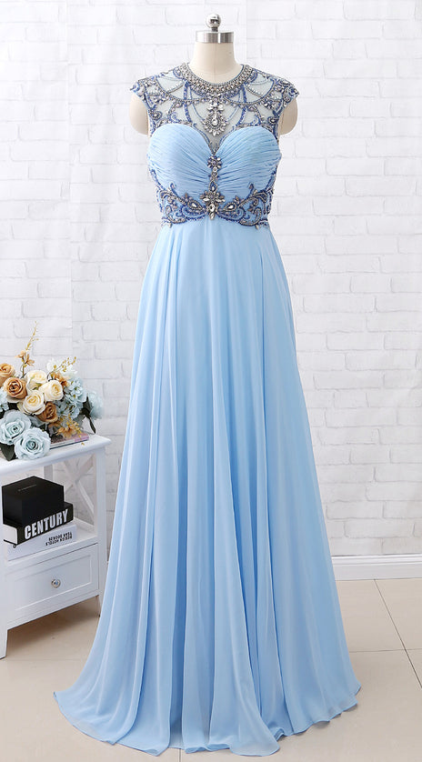 MACloth Cap Sleeves Beaded Crystals Long Sky Blue Chiffon Prom Dress Pageant Gown