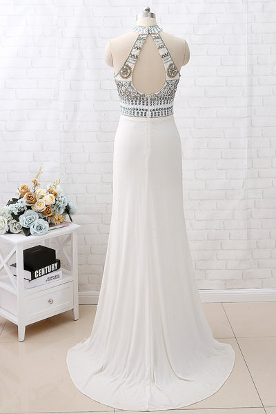 MACloth Sheath High Neck Beaded Long Prom Dress Ivory Formal Evening Gown