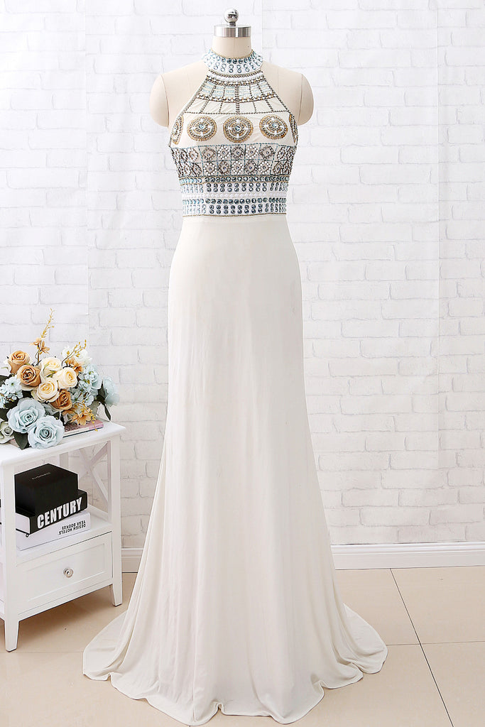 MACloth Sheath High Neck Beaded Long Prom Dress Ivory Formal Evening Gown