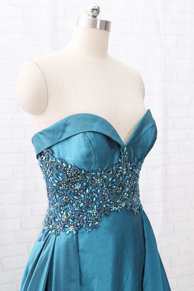 MACloth Strapless Sweetheart Long Beaded Teal Prom Dress Pageant Gown