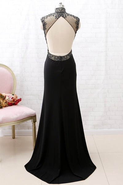 MACloth Mermaid High Neck Beaded Jersey Black Formal Evening Gown with Slit